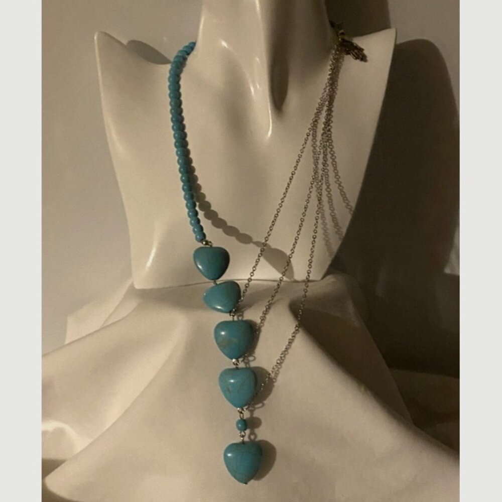 Unique Turquoise & Layered Sterling Silver Chain  Drop Heart Necklace - Picture 3 of 6